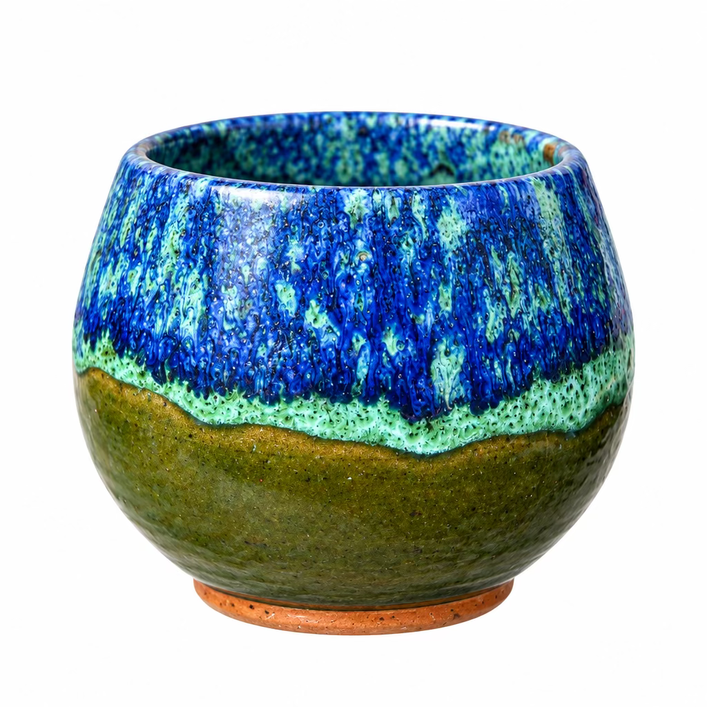 Tasse arrondie à finition brillante bleu profond, avec nuances turquoise et vert olive, anse courbée et petit pied.