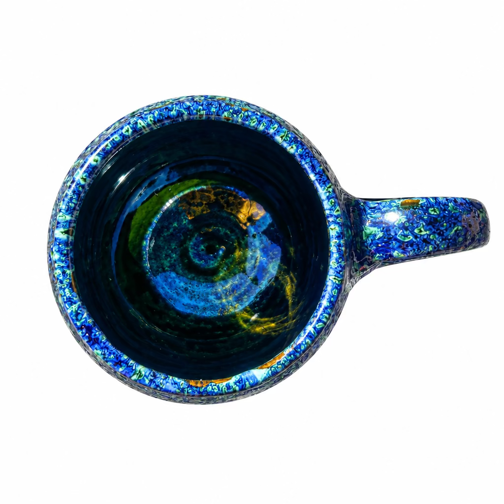 Tasse arrondie à finition brillante bleu profond, avec nuances turquoise et vert olive, anse courbée et petit pied.