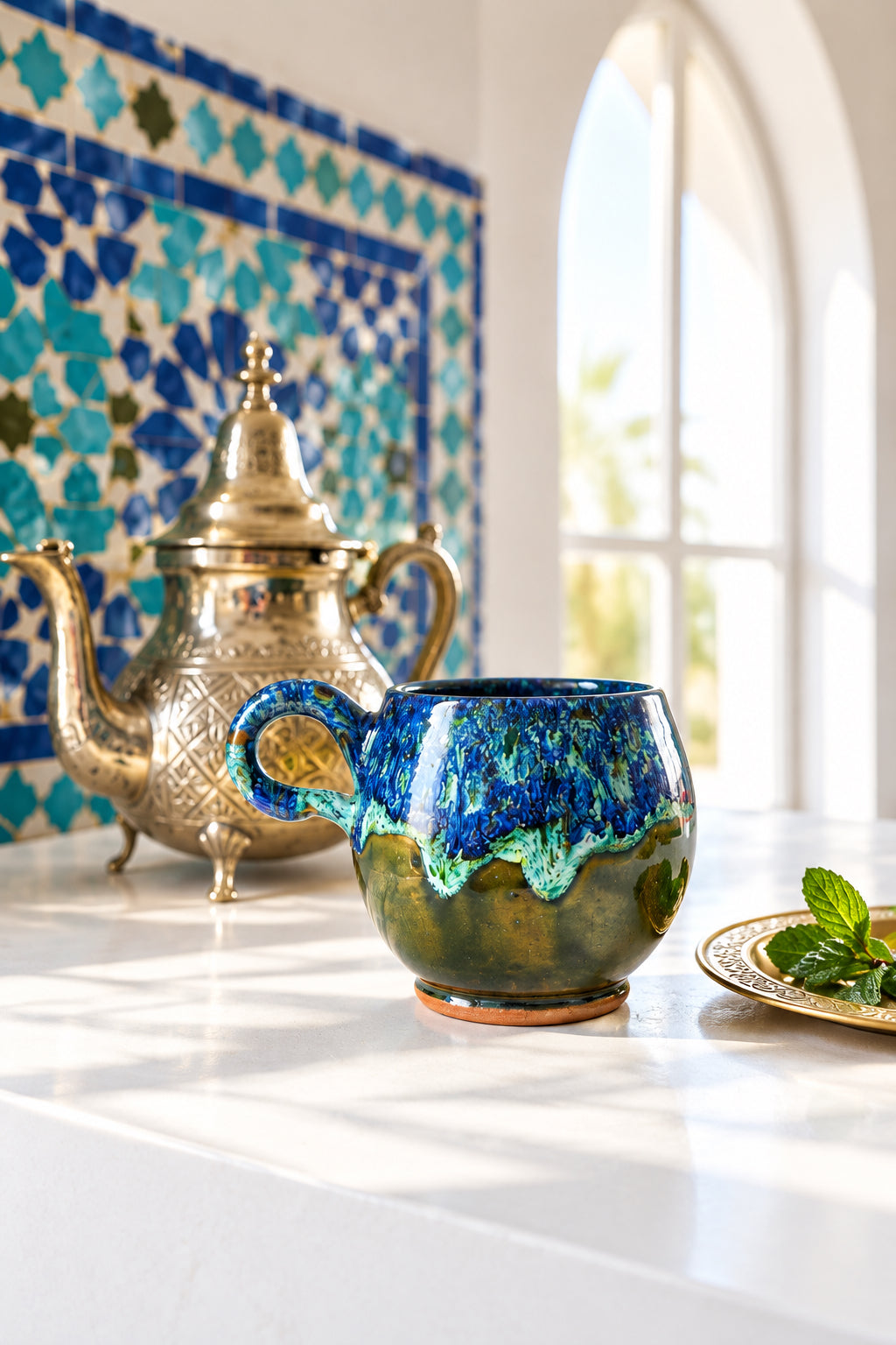 Tasse arrondie à finition brillante bleu profond, avec nuances turquoise et vert olive, anse courbée et petit pied.