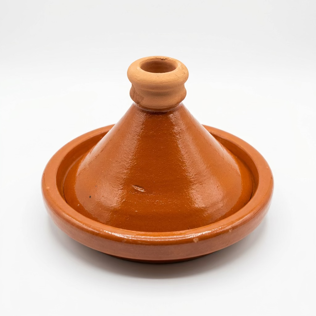 Tajine marocain fermé vu en plongée, avec détail de la poignée du couvercle.