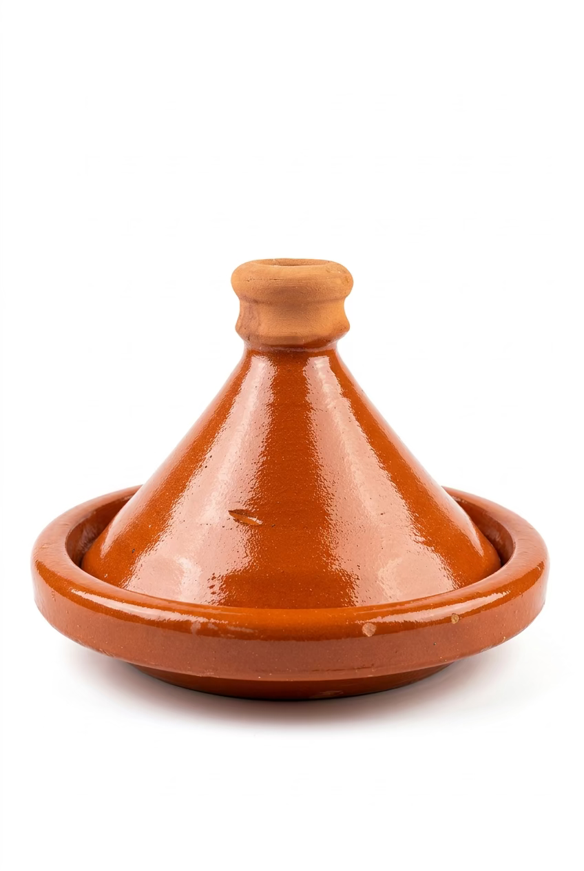 Tajine marocain à finition brillante, avec couvercle conique, vu de face sur fond blanc.
