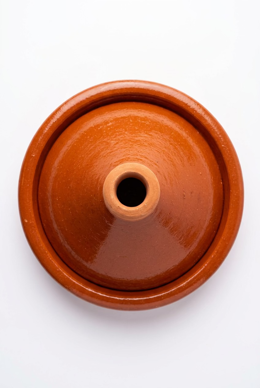 Tajine marocain fermé vu de dessus, avec détail du couvercle et du bord du plat.