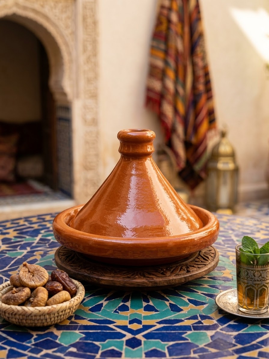 Tajine marocain fermé sur un support en bois, accompagné d’un thé à la menthe et de fruits secs.