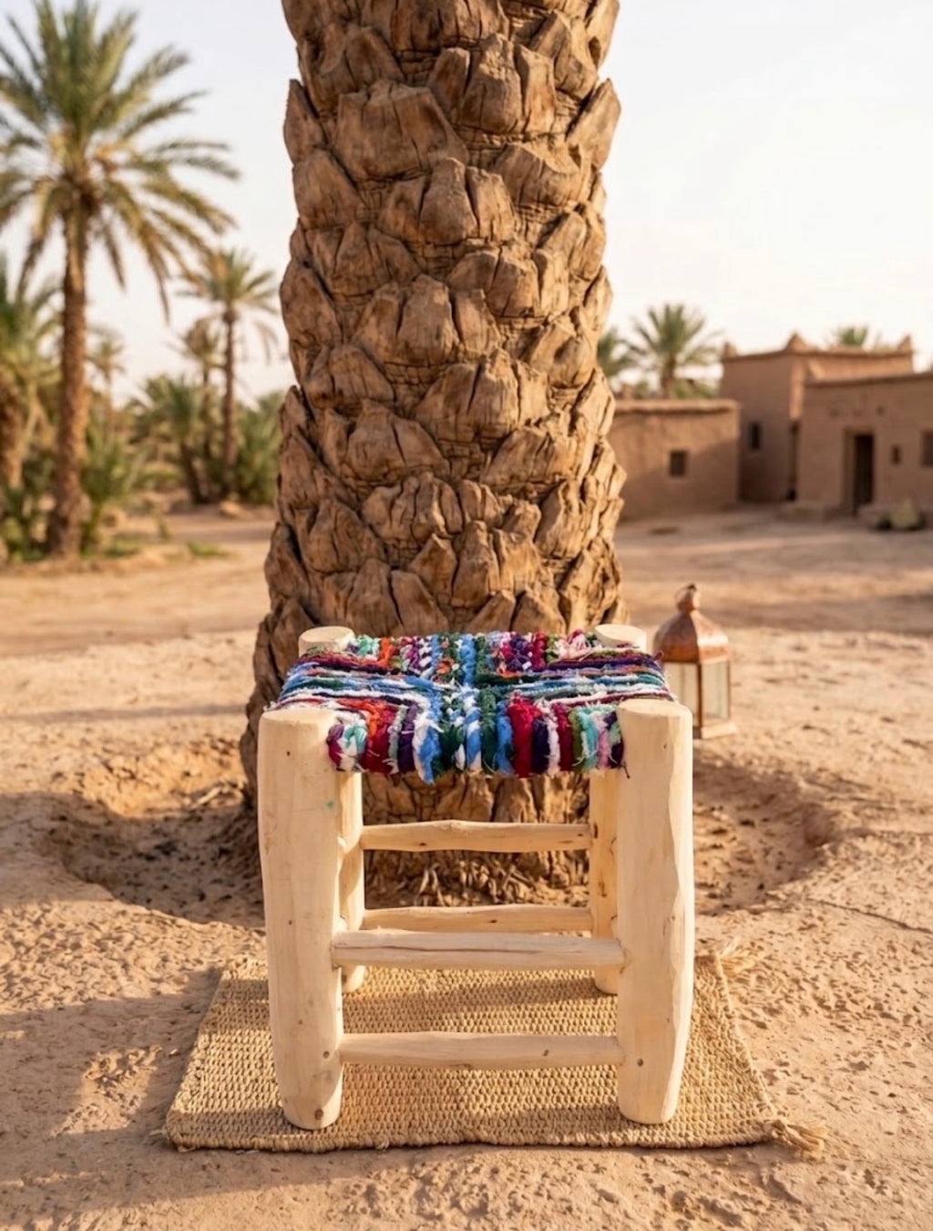 Tabouret en bois d'eucalyptus et boucherouite — mobilier artisanal marocain fait main