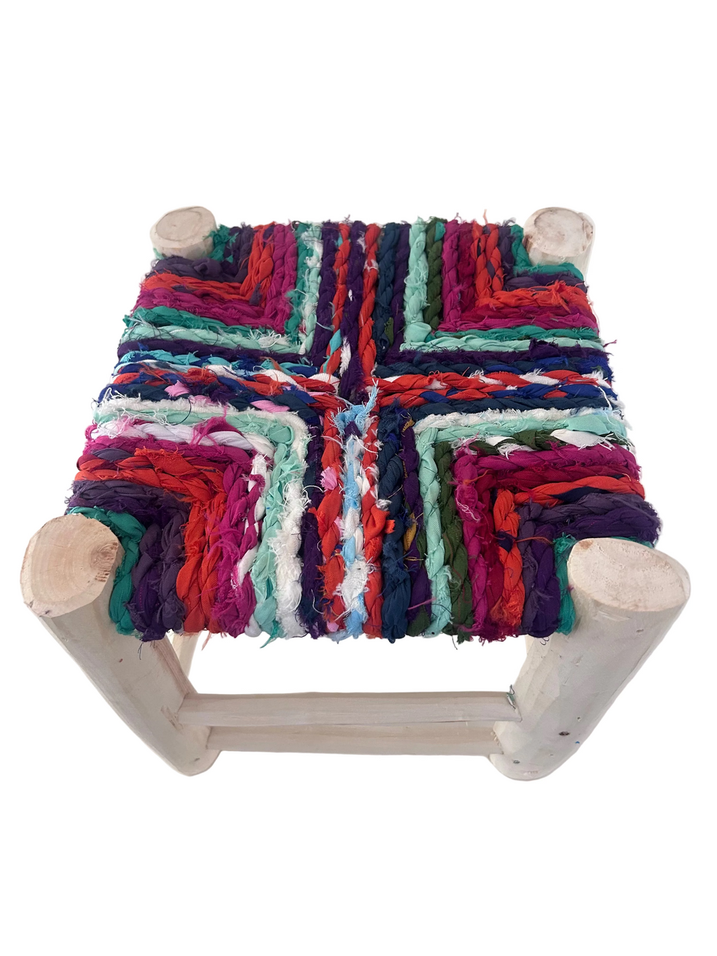 Tabouret en bois d'eucalyptus et boucherouite — mobilier artisanal marocain fait main