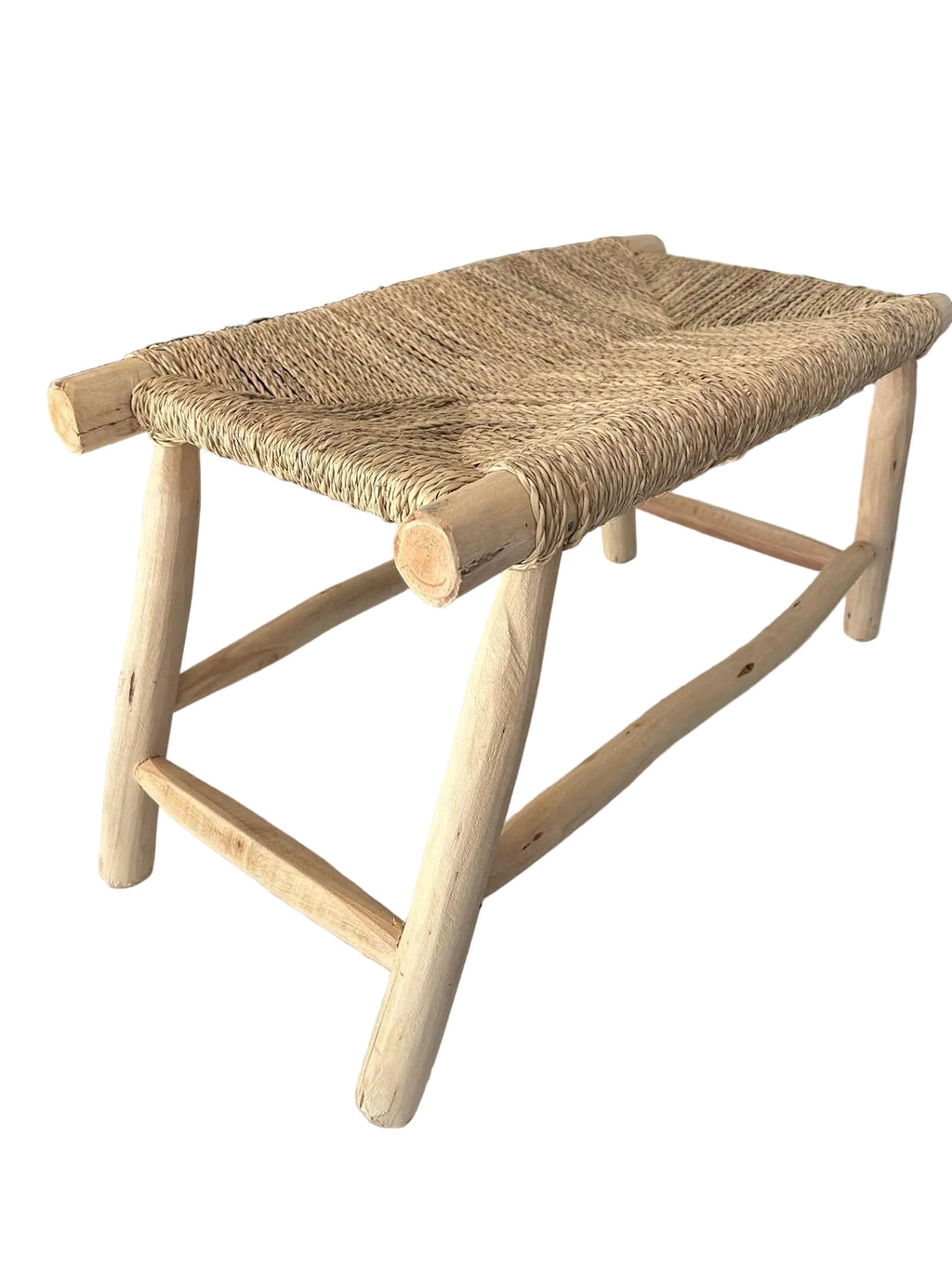 Banc en bois d'eucalyptus et doum tressé — mobilier artisanal marocain, fait main au Maroc