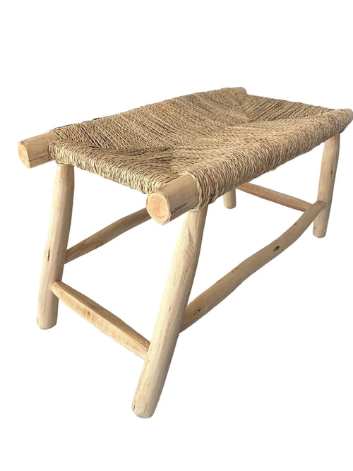 Banc en bois d'eucalyptus et doum tressé — mobilier artisanal marocain, fait main au Maroc