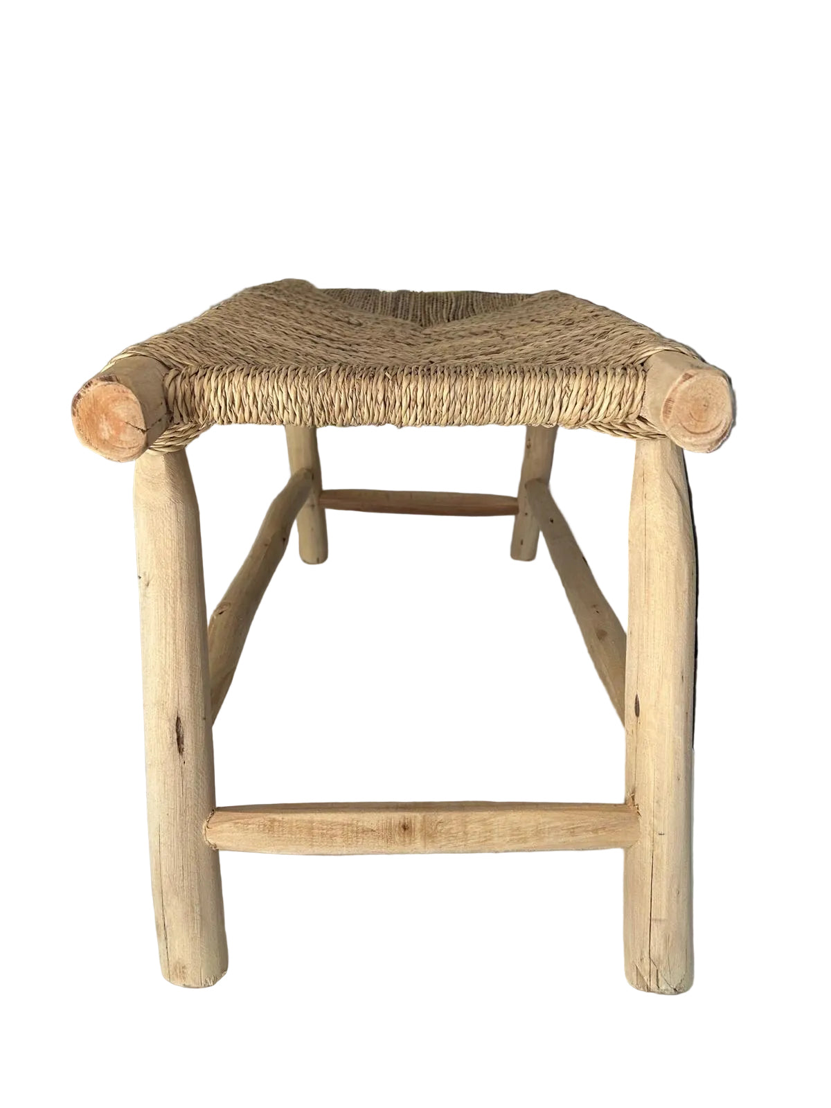 Banc en bois d'eucalyptus et doum tressé — mobilier artisanal marocain, fait main au Maroc