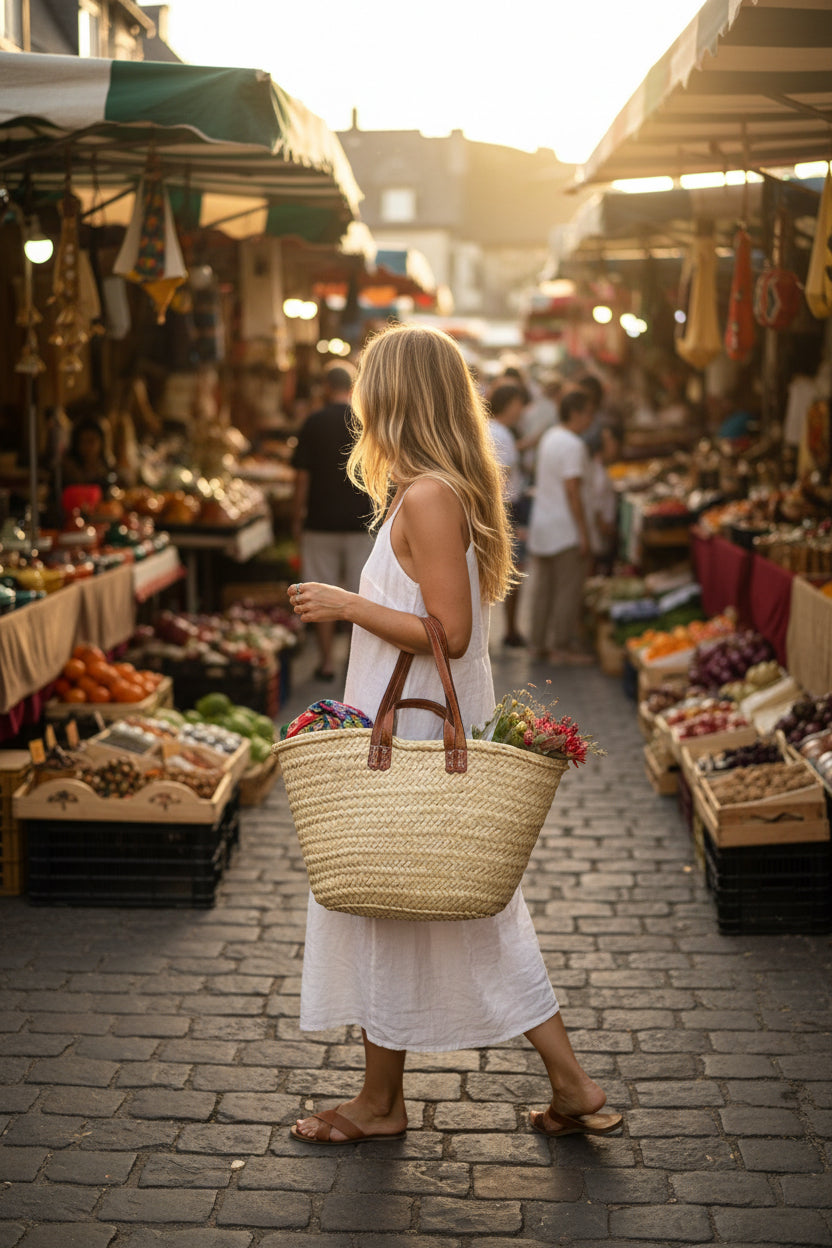 Panier Shana en fibres naturelles et cuir — décoration artisanale marocaine, fait main au Maroc