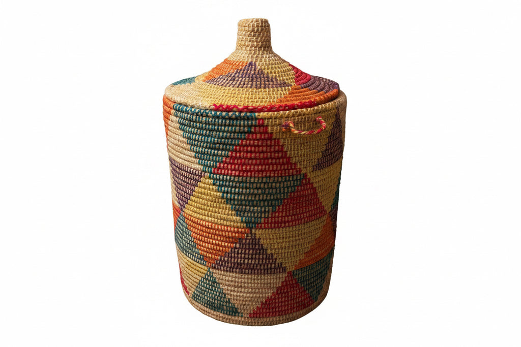 Panier de rangement XXL coloré avec couvercle et poignées — fait main au Maroc