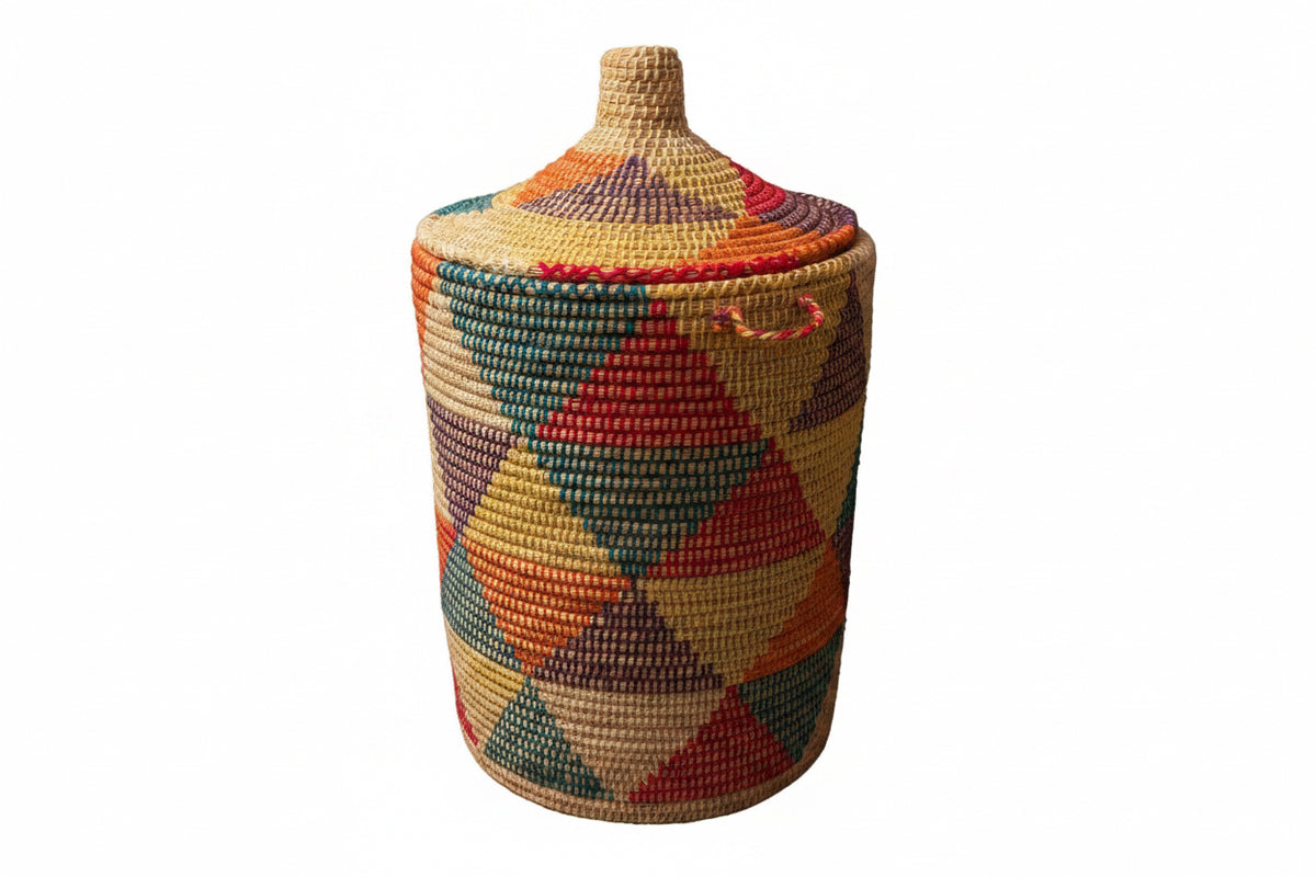 Panier de rangement XXL coloré avec couvercle et poignées — fait main au Maroc