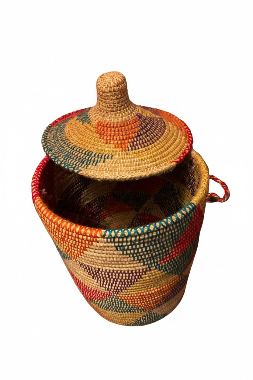 Panier de rangement XXL coloré avec couvercle et poignées — fait main au Maroc