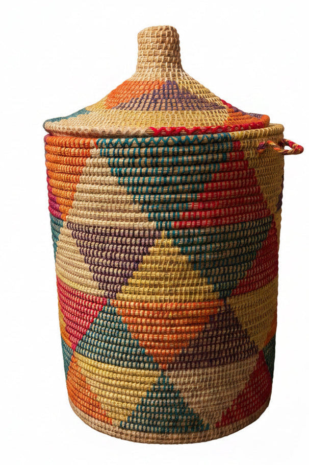 Panier de rangement XXL coloré avec couvercle et poignées — fait main au Maroc