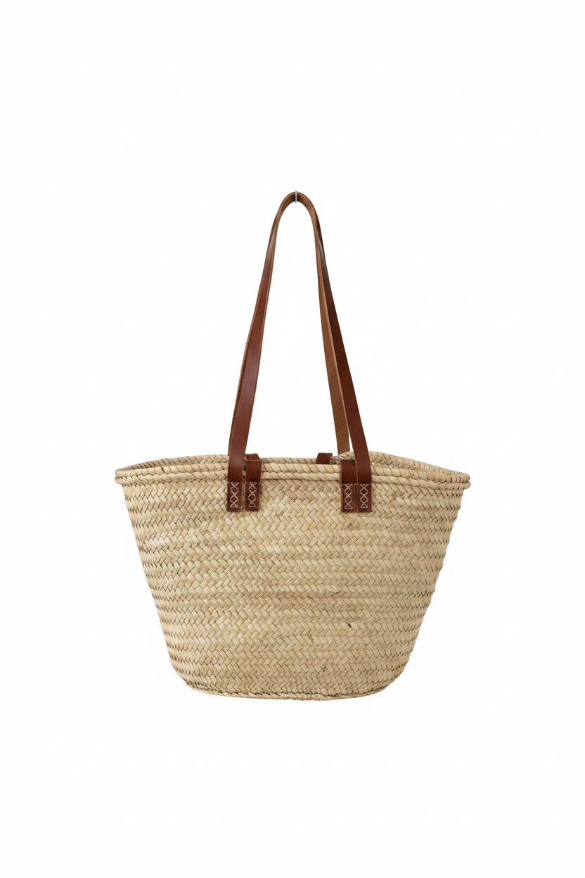 Panier Safa tressé en feuille de palmier, longues anses en cuir — artisanat marocain fait main