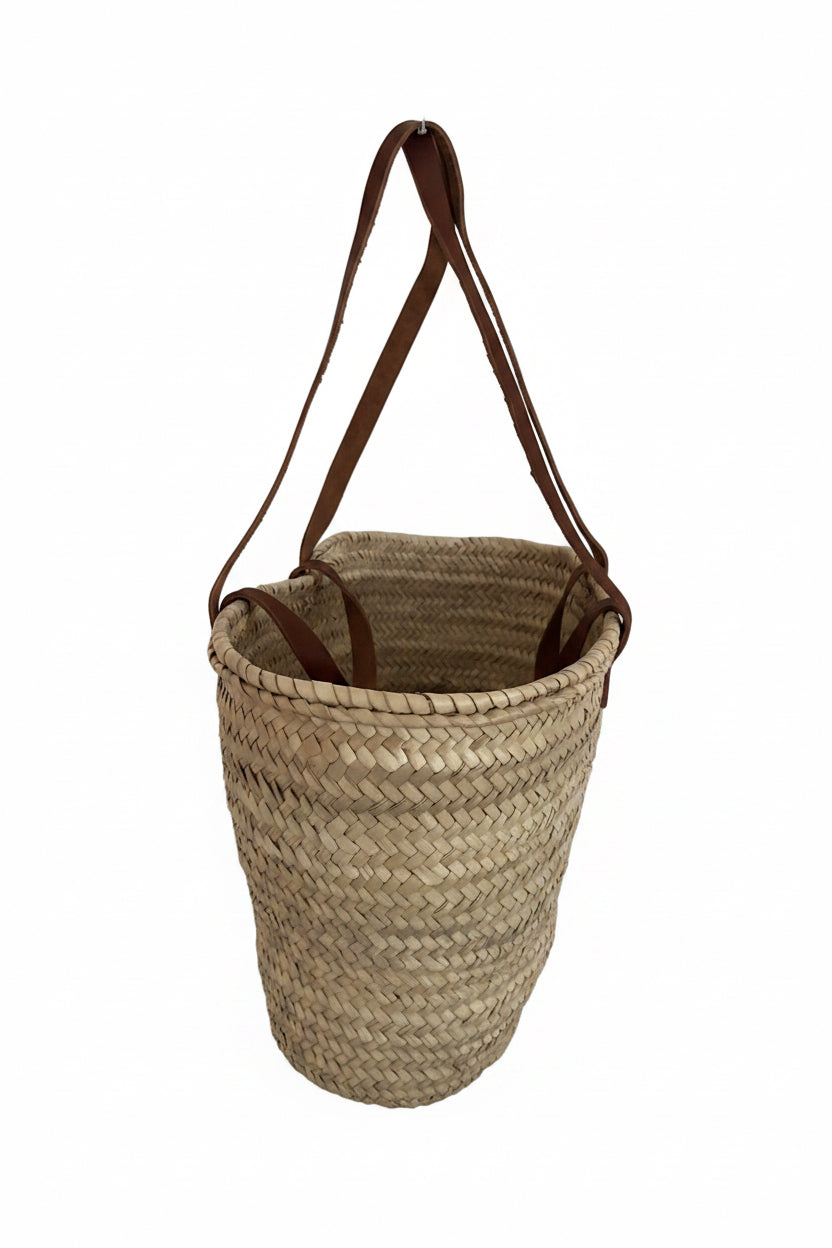 Panier Safa tressé en feuille de palmier, longues anses en cuir — artisanat marocain fait main
