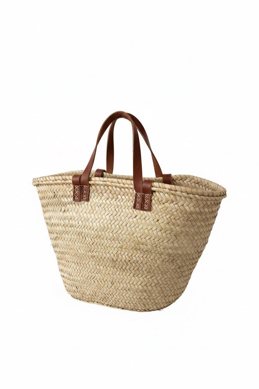 Panier Safa tressé en feuille de palmier, longues anses en cuir — artisanat marocain fait main