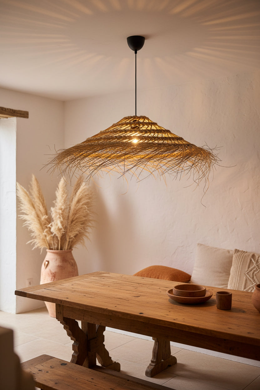 Suspension ajouré tressée en doum — luminaire artisanal marocain, fait main au Maroc