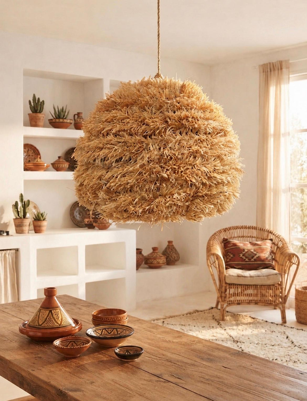 Suspension en raphia et fibres naturelles — luminaire artisanal marocain, fait main au Maroc