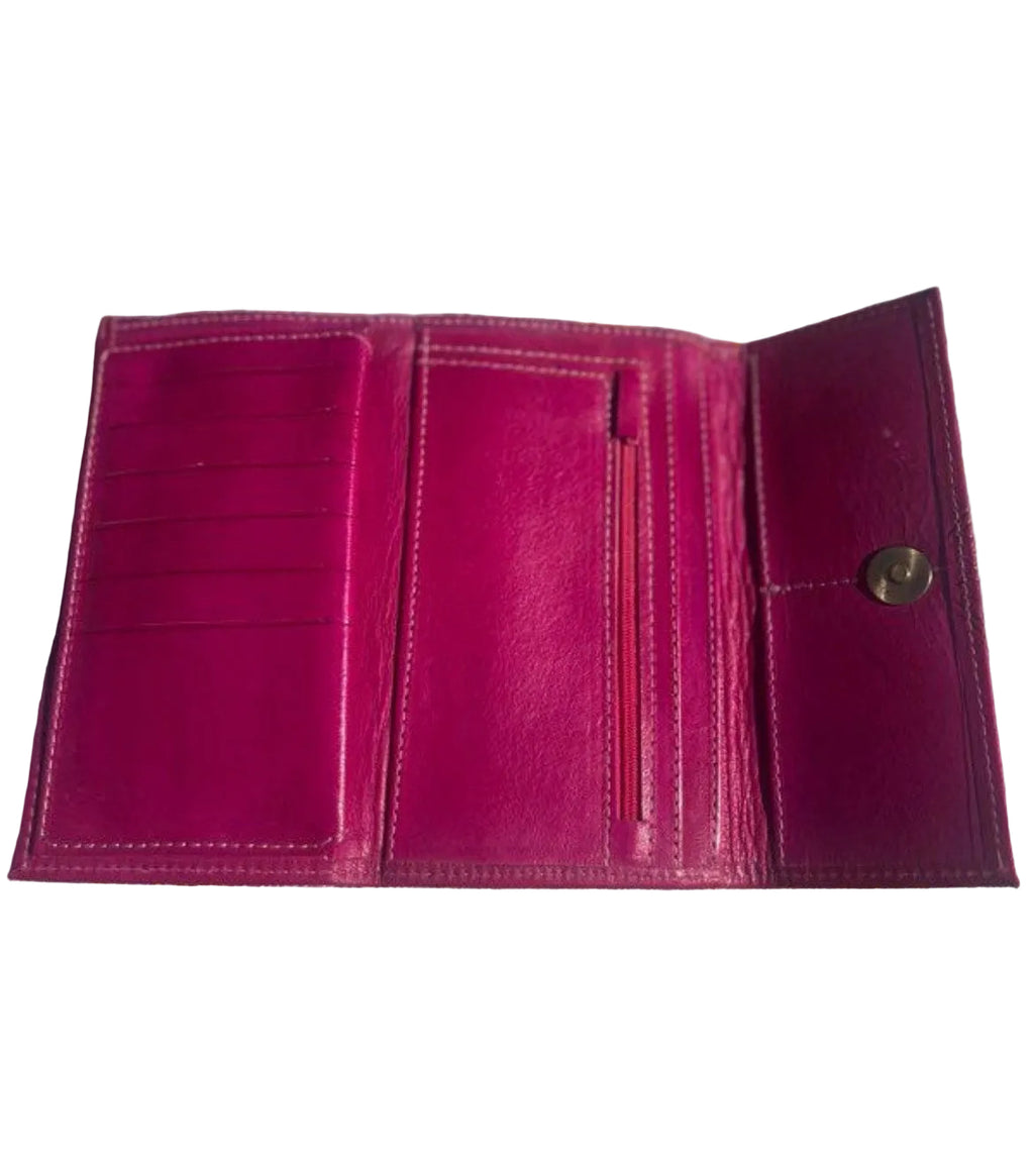 Portefeuille en cuir fuchsia — artisanat marocain fait main