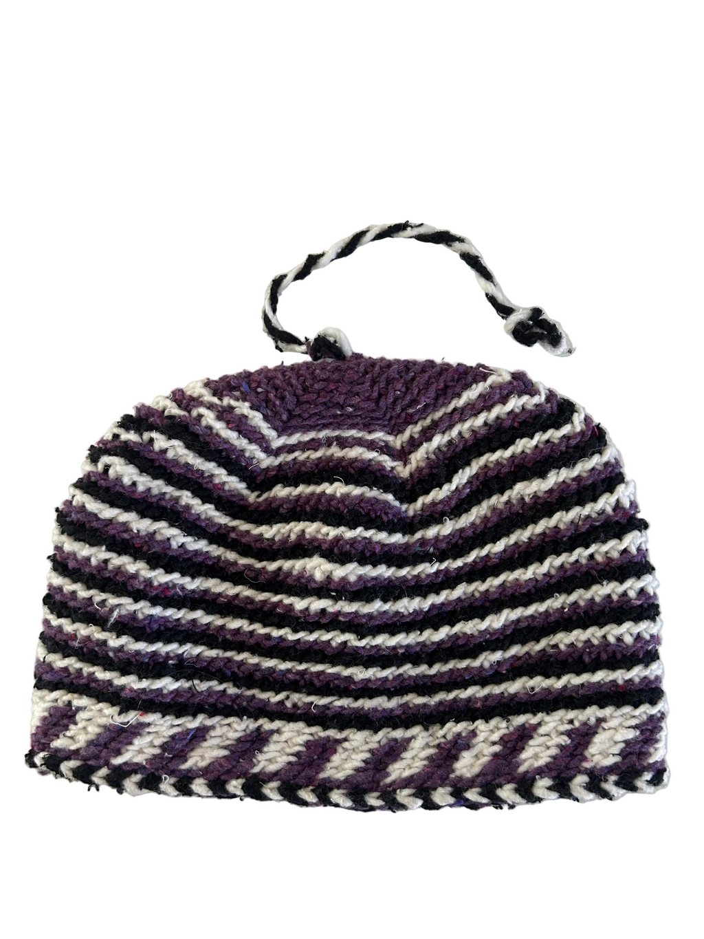 Bonnet tricoté artisanal en laine mauve et blanc — fait main au Maroc