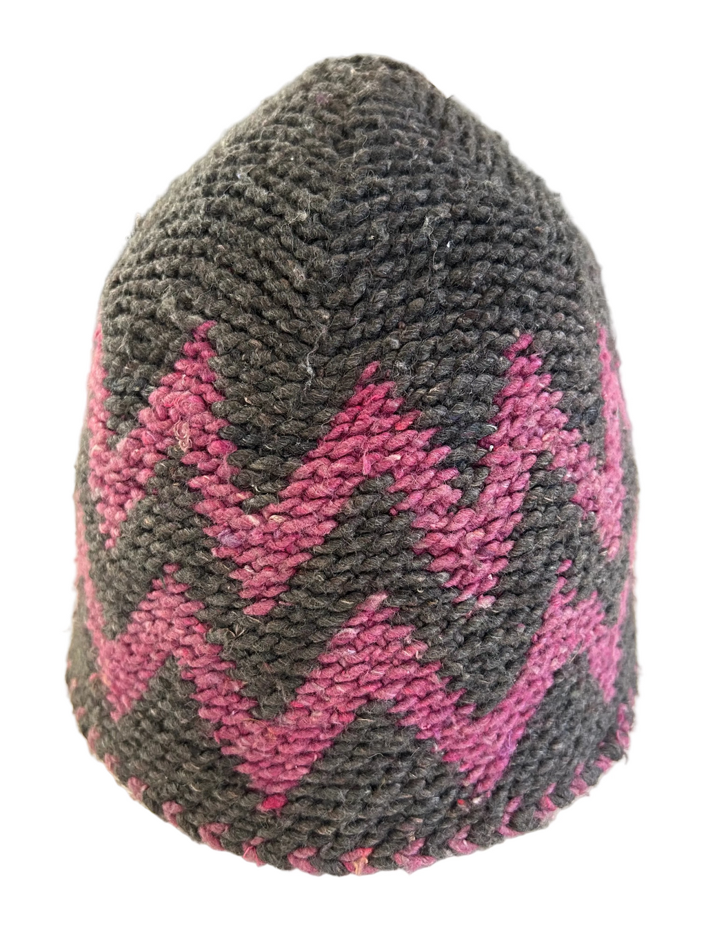 Bonnet tricoté artisanal en laine gris et rose — fait main au Maroc