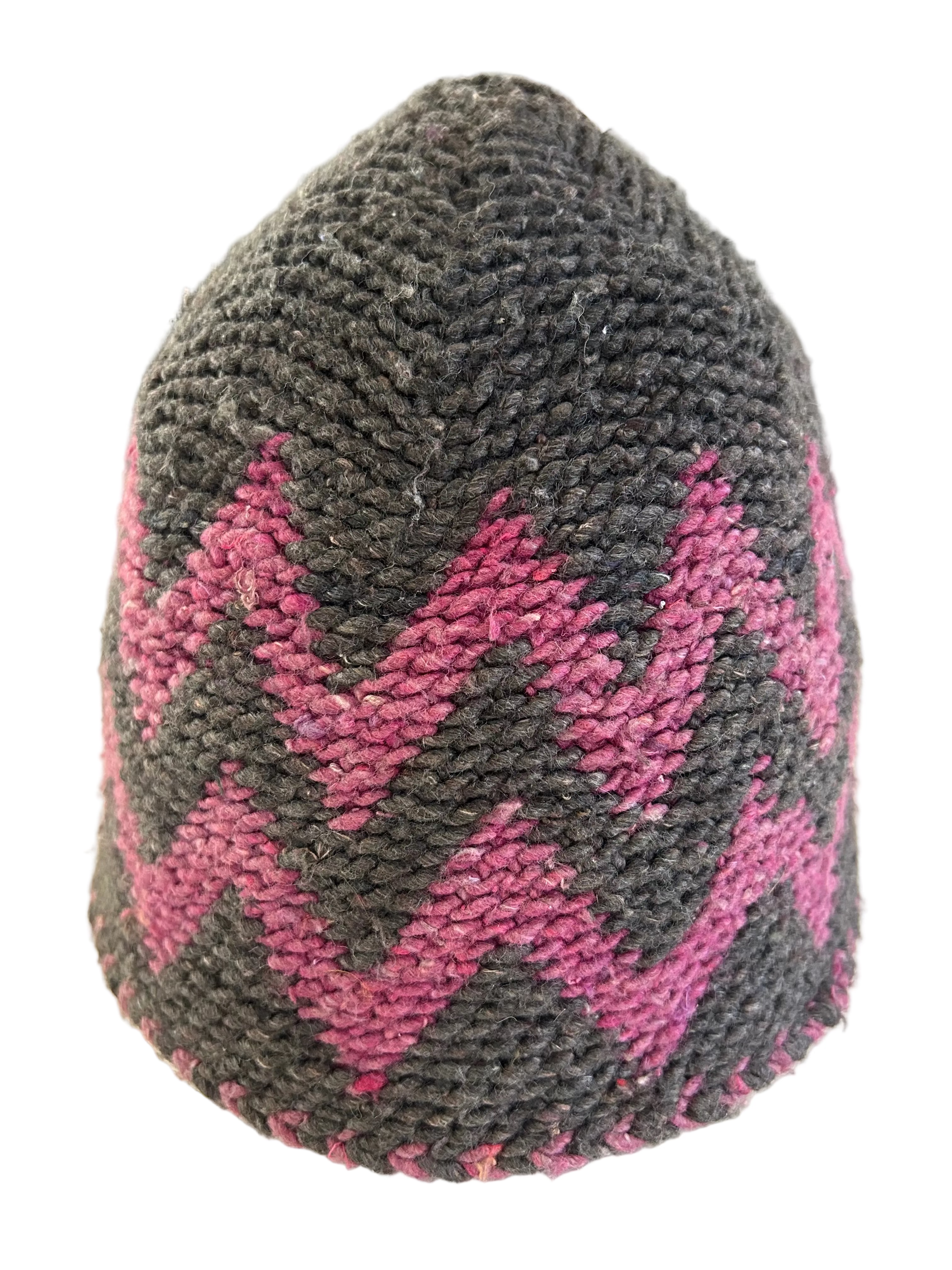 Bonnet tricoté artisanal en laine gris et rose — fait main au Maroc