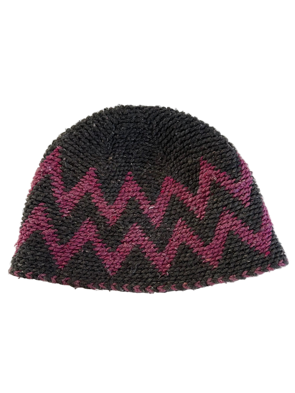 Bonnet tricoté artisanal en laine gris et rose — fait main au Maroc