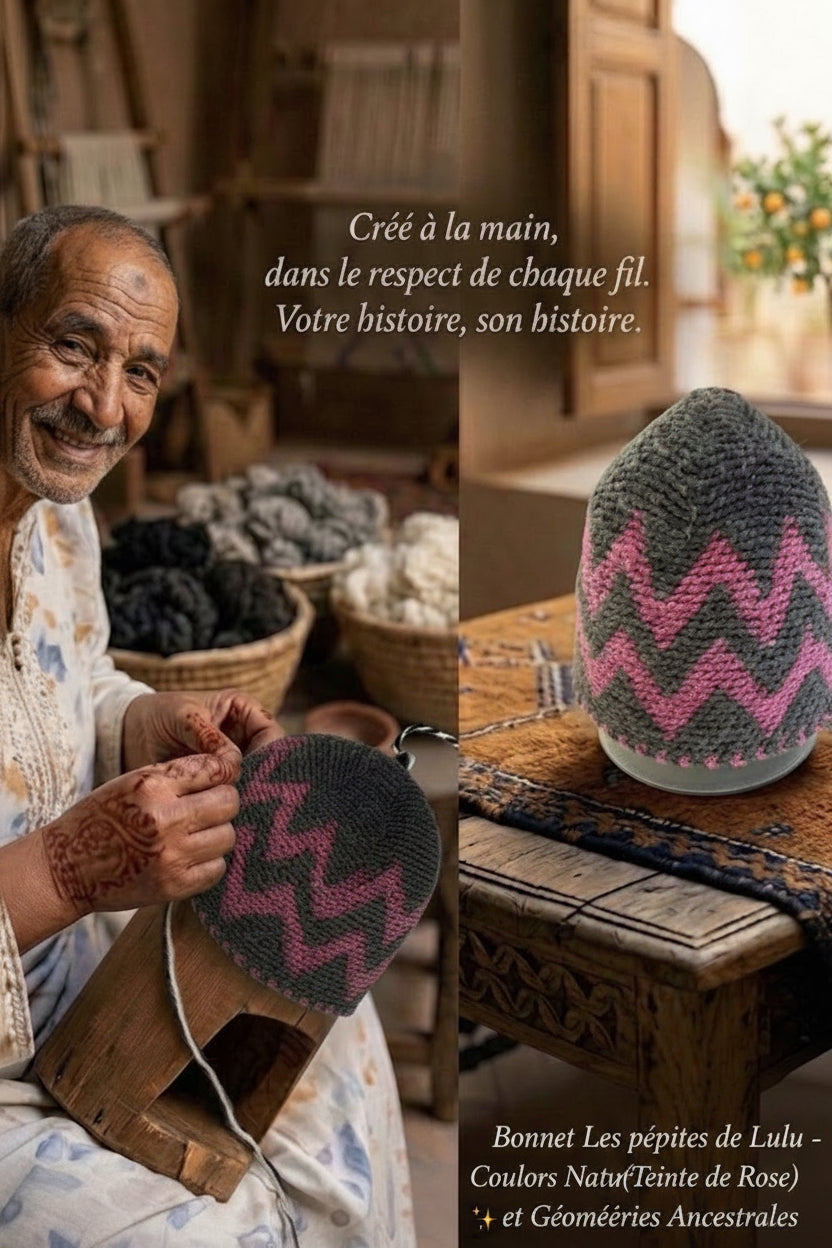 Bonnet tricoté artisanal en laine gris et rose — fait main au Maroc