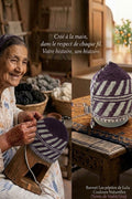 Bonnet tricoté artisanal en laine mauve et blanc — fait main au Maroc