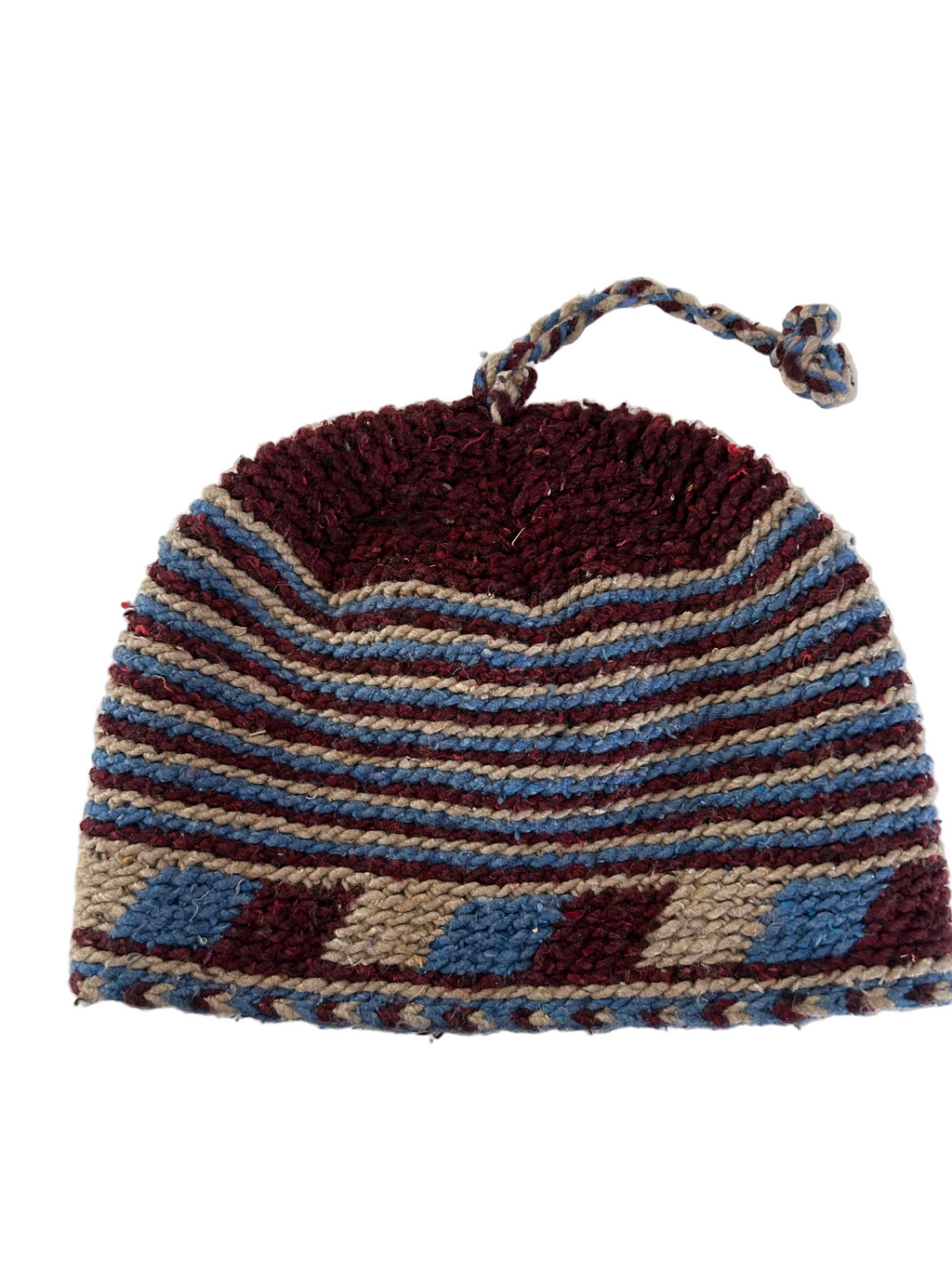 Bonnet tricoté artisanal en laine mauve, beige et bleu — fait main au Maroc