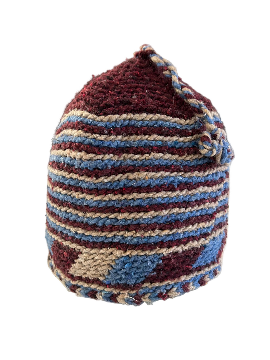 Bonnet tricoté artisanal en laine mauve, beige et bleu — fait main au Maroc