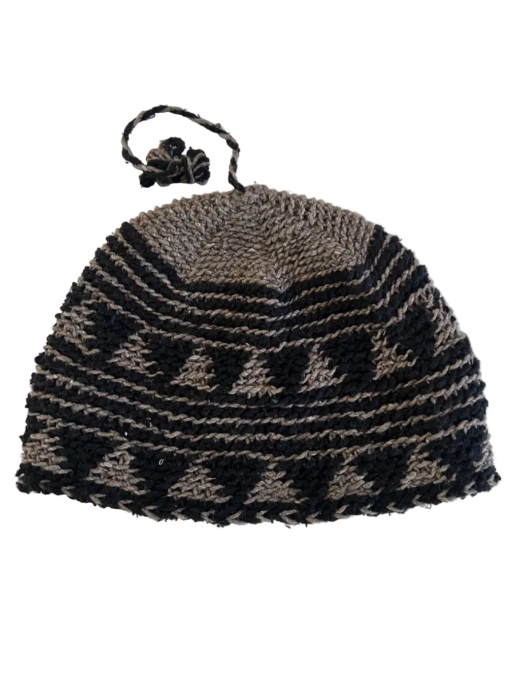 Bonnet tricoté artisanal en laine beige et noir — fait main au Maroc