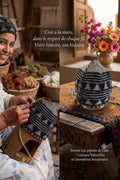 Bonnet tricoté artisanal en laine beige et noir — fait main au Maroc