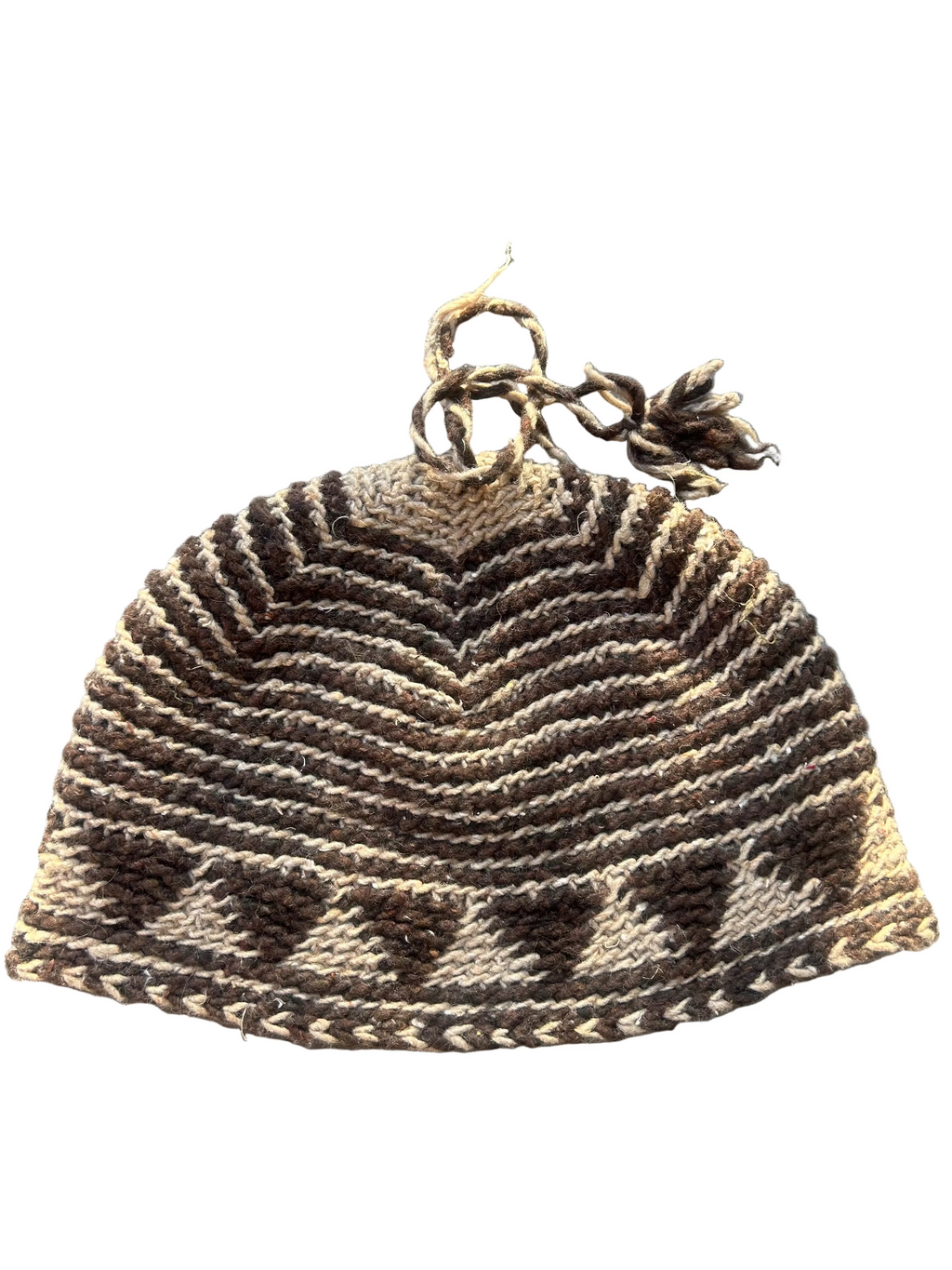 Bonnet tricoté artisanal en laine marron et beige — fait main au Maroc