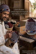Bonnet tricoté artisanal en laine mauve, beige et bleu — fait main au Maroc