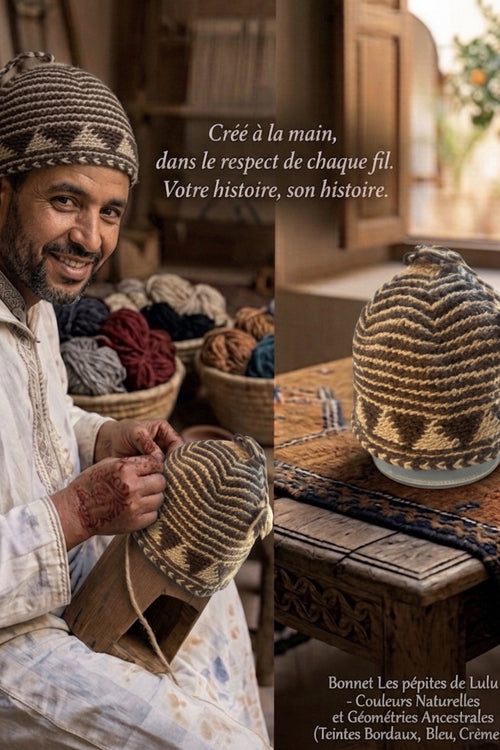 Bonnet tricoté artisanal en laine marron et beige — fait main au Maroc
