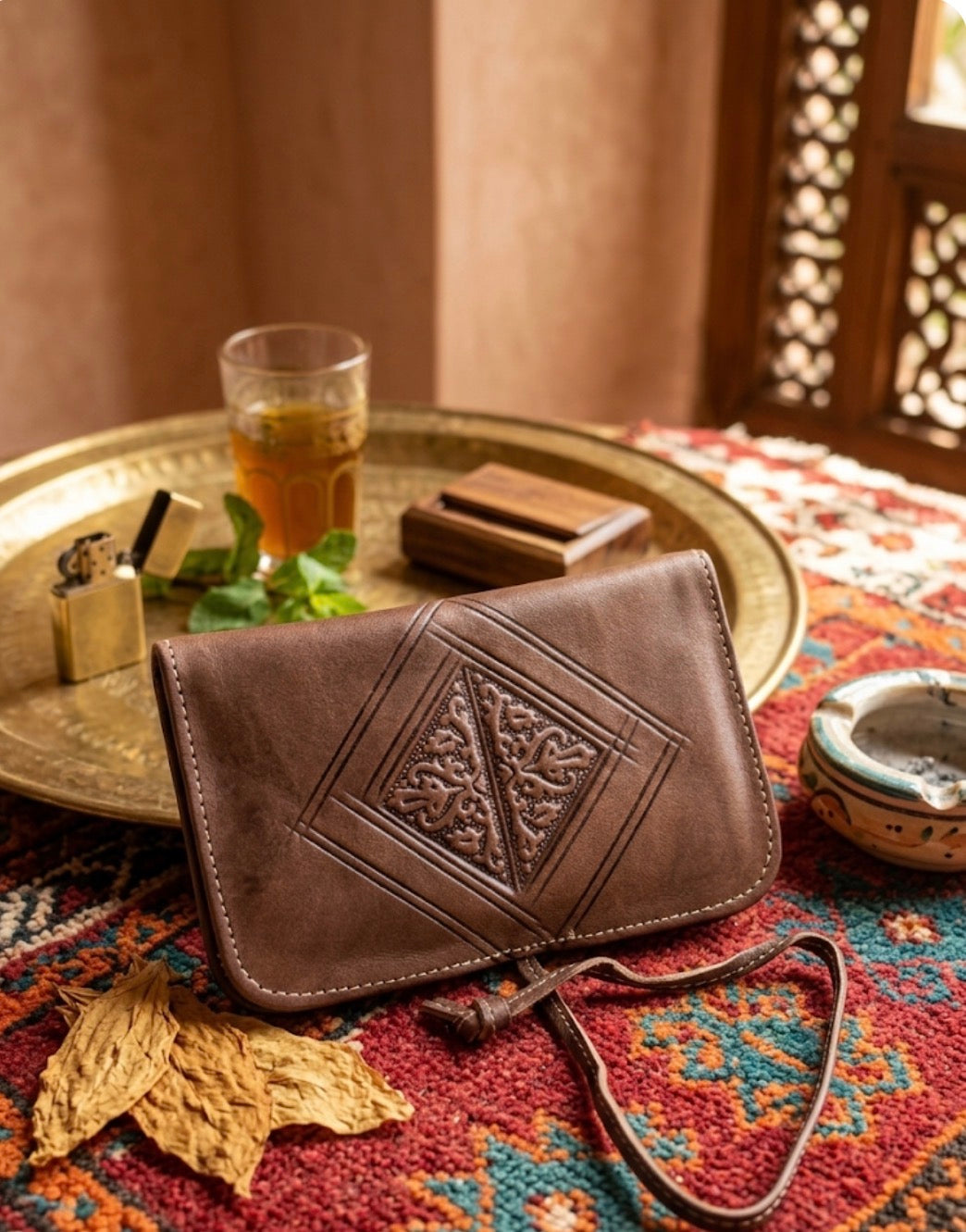 Blague à tabac en cuir marron — artisanat marocain fait main