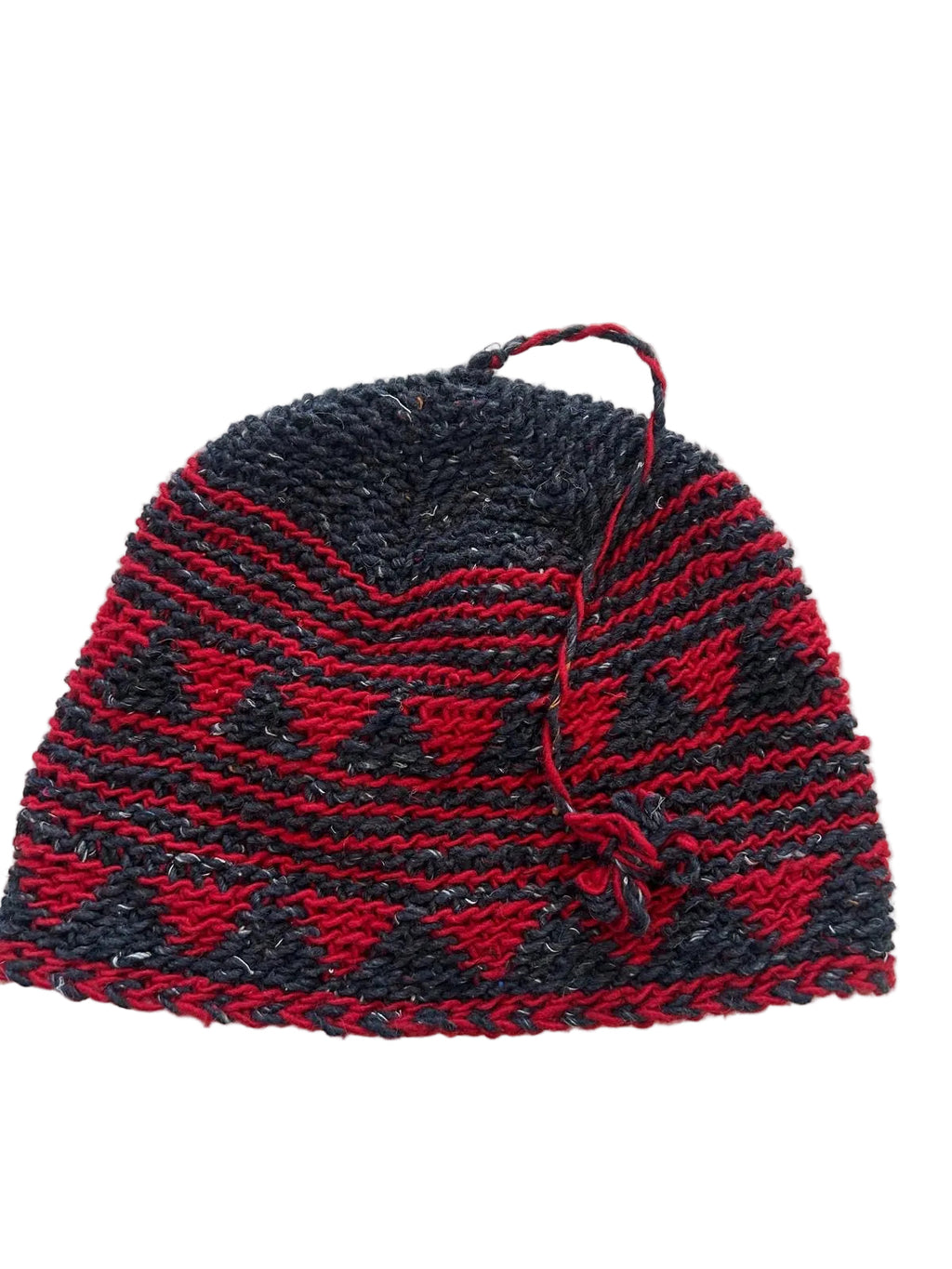 Bonnet tricoté artisanal en laine rouge et noir — fait main au Maroc