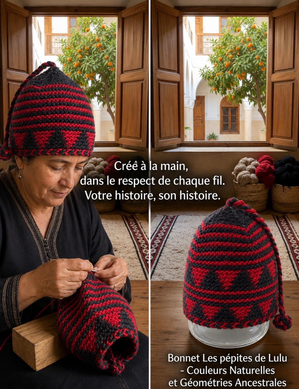 Bonnet tricoté artisanal en laine rouge et noir — fait main au Maroc
