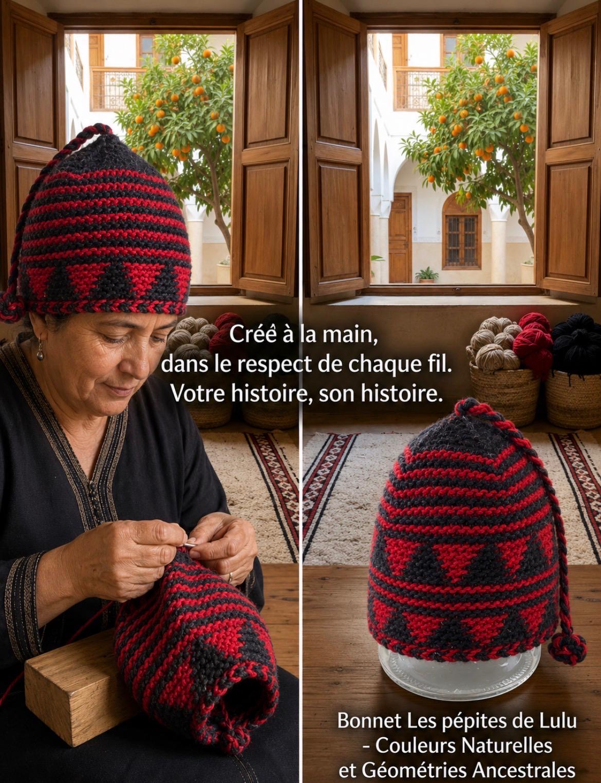 Bonnet tricoté artisanal en laine rouge et noir — fait main au Maroc