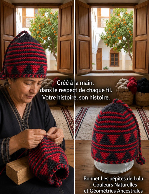 Bonnet tricoté artisanal en laine rouge et noir — fait main au Maroc