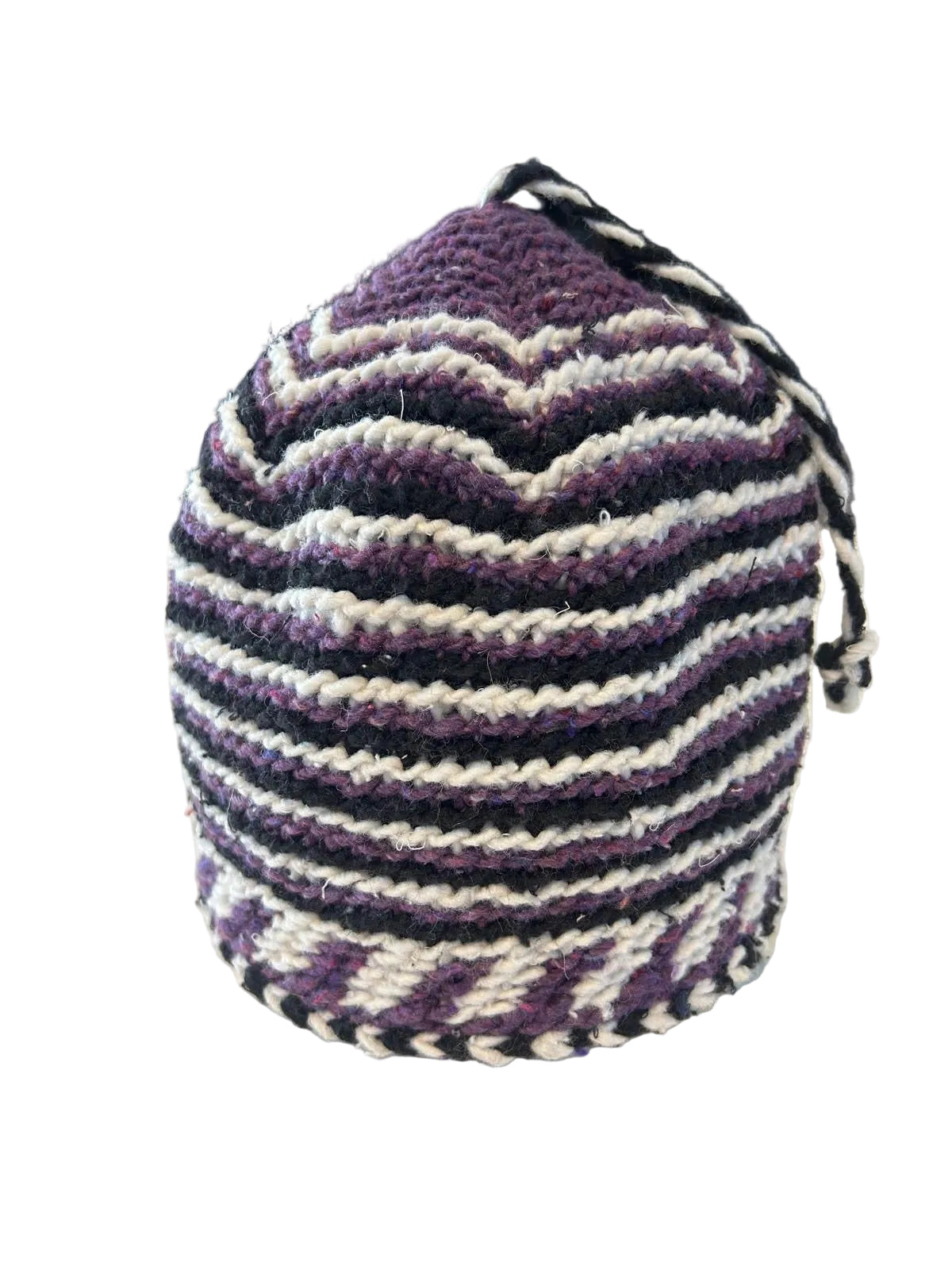 Bonnet tricoté artisanal en laine mauve et blanc — fait main au Maroc