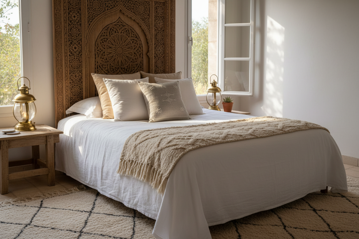 Housse de coussin Sabra gris lin et broderies blanc cassé — soie de cactus fait main Maroc Ambiance chambre riad