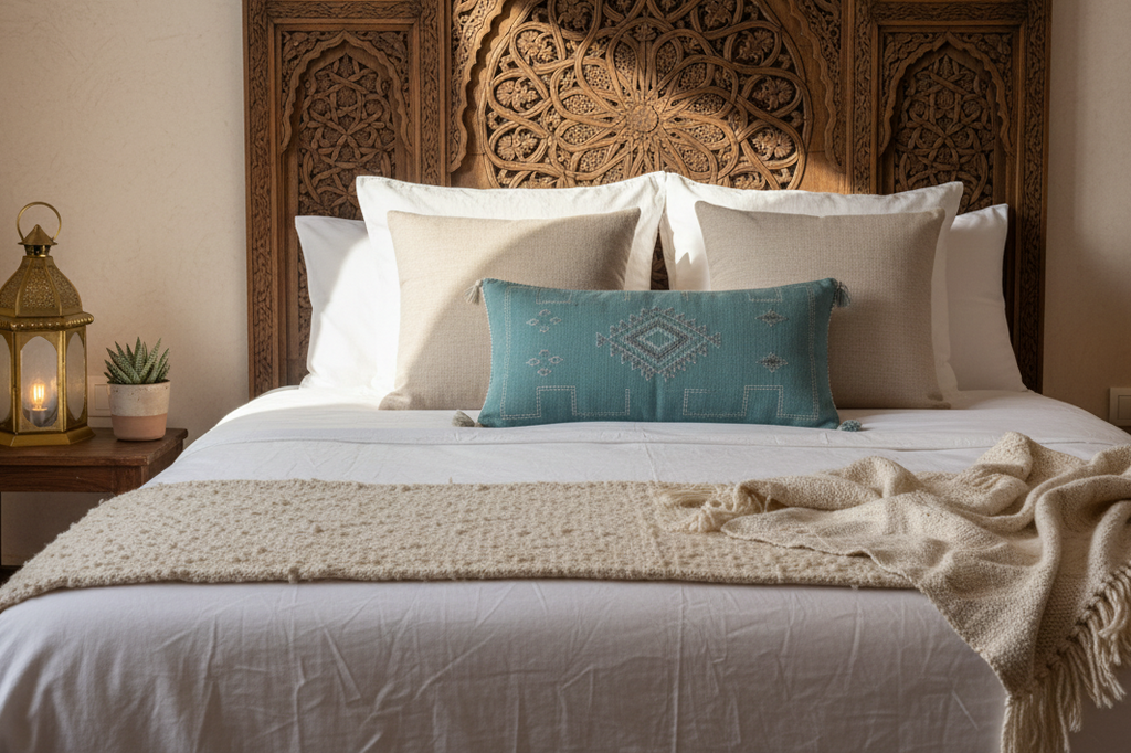 Housse de coussin Sabra bleu azur et broderies berbères — soie de cactus fait main Maroc