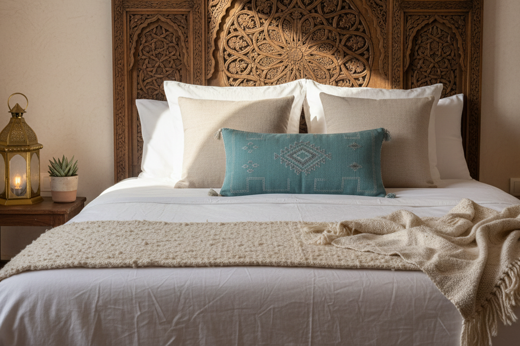 Housse de coussin Sabra bleu azur et broderies berbères — soie de cactus fait main Maroc