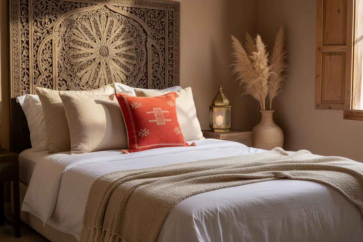  Housse de coussin Sabra rouge terracotta et blanc — soie de cactus artisanat marocain fait main
