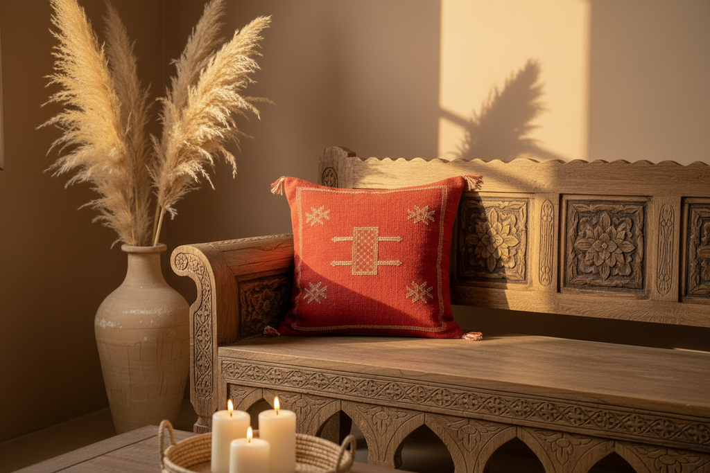 Housse de coussin Sabra rouge terracotta et blanc — soie de cactus artisanat marocain fait main