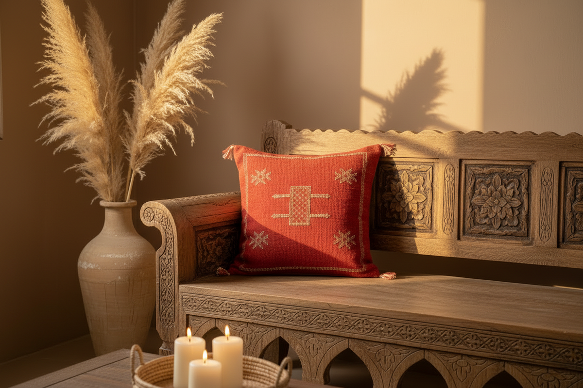 Housse de coussin Sabra rouge terracotta et blanc — soie de cactus artisanat marocain fait main