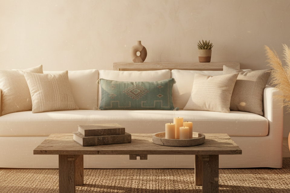 Housse de coussin Sabra bleu azur et broderies berbères — soie de cactus fait main Maroc