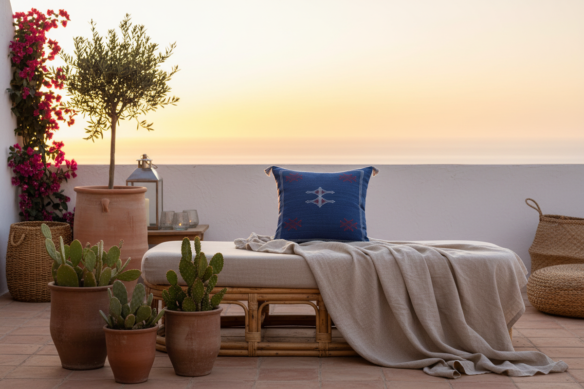 Housse de coussin Sabra bleu et broderies blanc et rouge — soie de cactus fait main Maroc